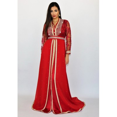 caftan robe moderne rouge , mousseline et dentelle perlé