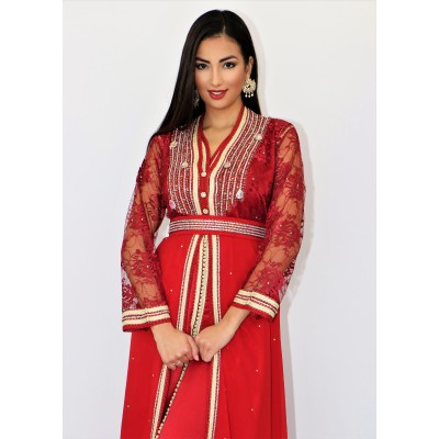 caftan robe moderne rouge , mousseline et dentelle perlé