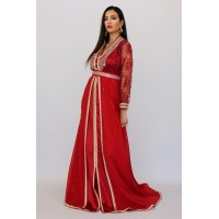 caftan robe moderne rouge , mousseline et dentelle perlé