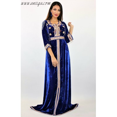 Caftan velours de soie bleu roi perlé