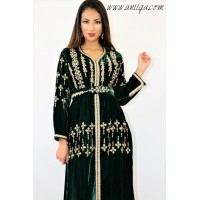 caftan velours de soie vert royal broderies rbati tenbat fait main