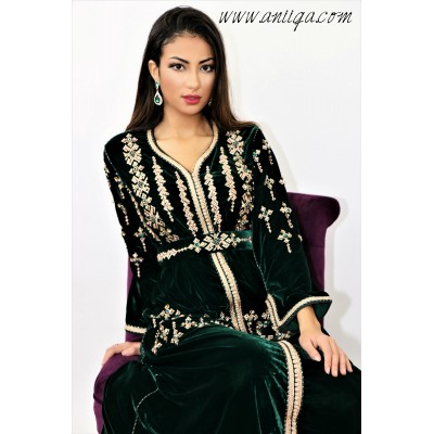 caftan velours de soie vert royal broderies rbati tenbat fait main