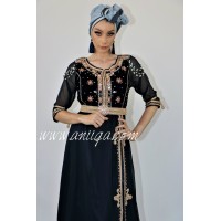 Caftan bleu nuit moderne velours et mousseline