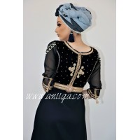 Caftan bleu nuit moderne velours et mousseline